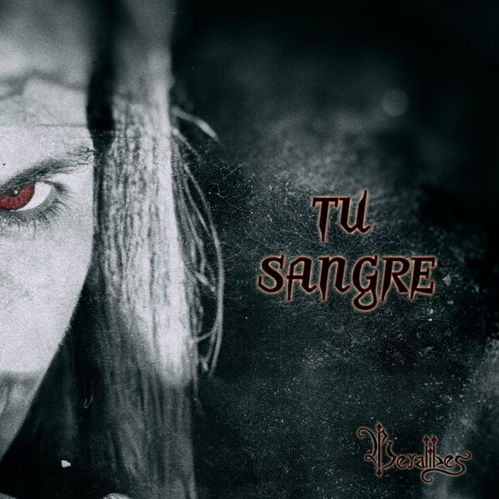 Beralibes, portada de "Tu Sangre". Ojo rojo penetrante, rostro oscuro. Estilo metal vampírico.