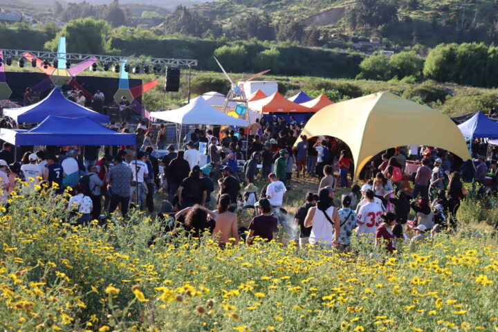 Gran concurrencia de personas disfrutando del festival de música Rock en Río Aconcagua, rodeados de carpas coloridas y flores amarillas en un entorno natural.