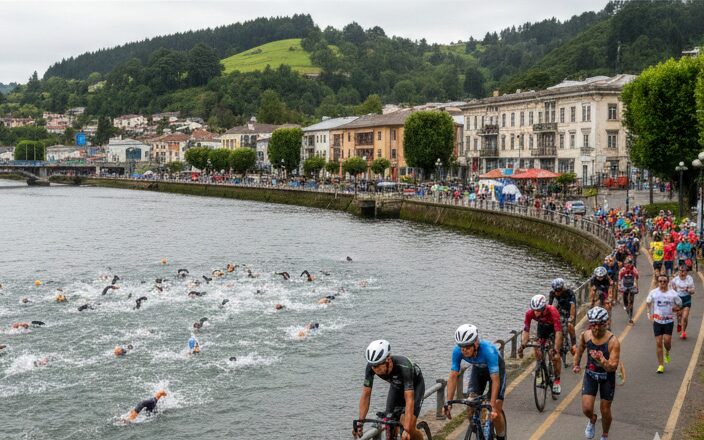 Ironman 70.3 Valdivia: Nadadores en el río Calle-Calle, ciclistas y corredores en la costanera de Valdivia. (Referencial generado con IA)