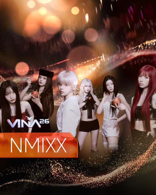 NMIXX, grupo K-pop, confirmado para el Festival Viña 2026. Seis integrantes posan con fondo brillante.