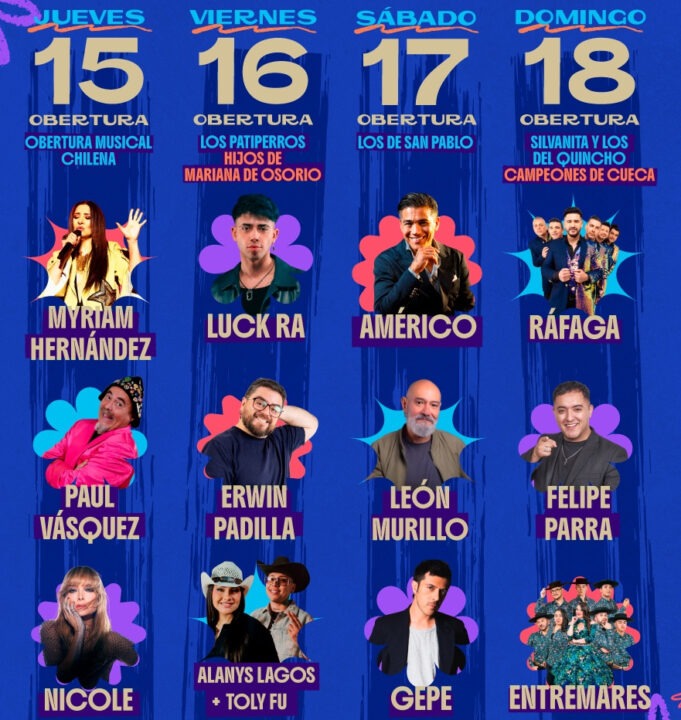 Parrilla Festival Olmué 2026: 15-18 enero. Artistas Myriam Hernández, Luck Ra, Américo, Ráfaga, Felipe Parra y más.